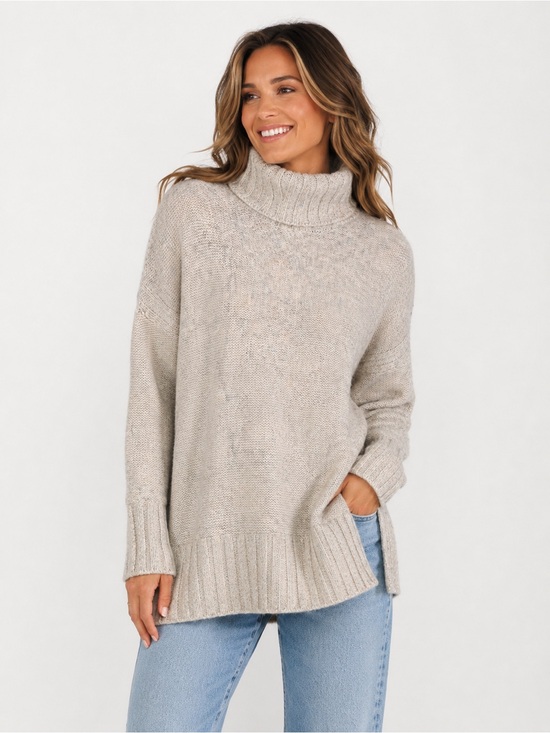 Marbled Sweaters - Marled Reunited Clothing XL Turtleneck Sweater Beige Knit Cozy Oversized Pullove